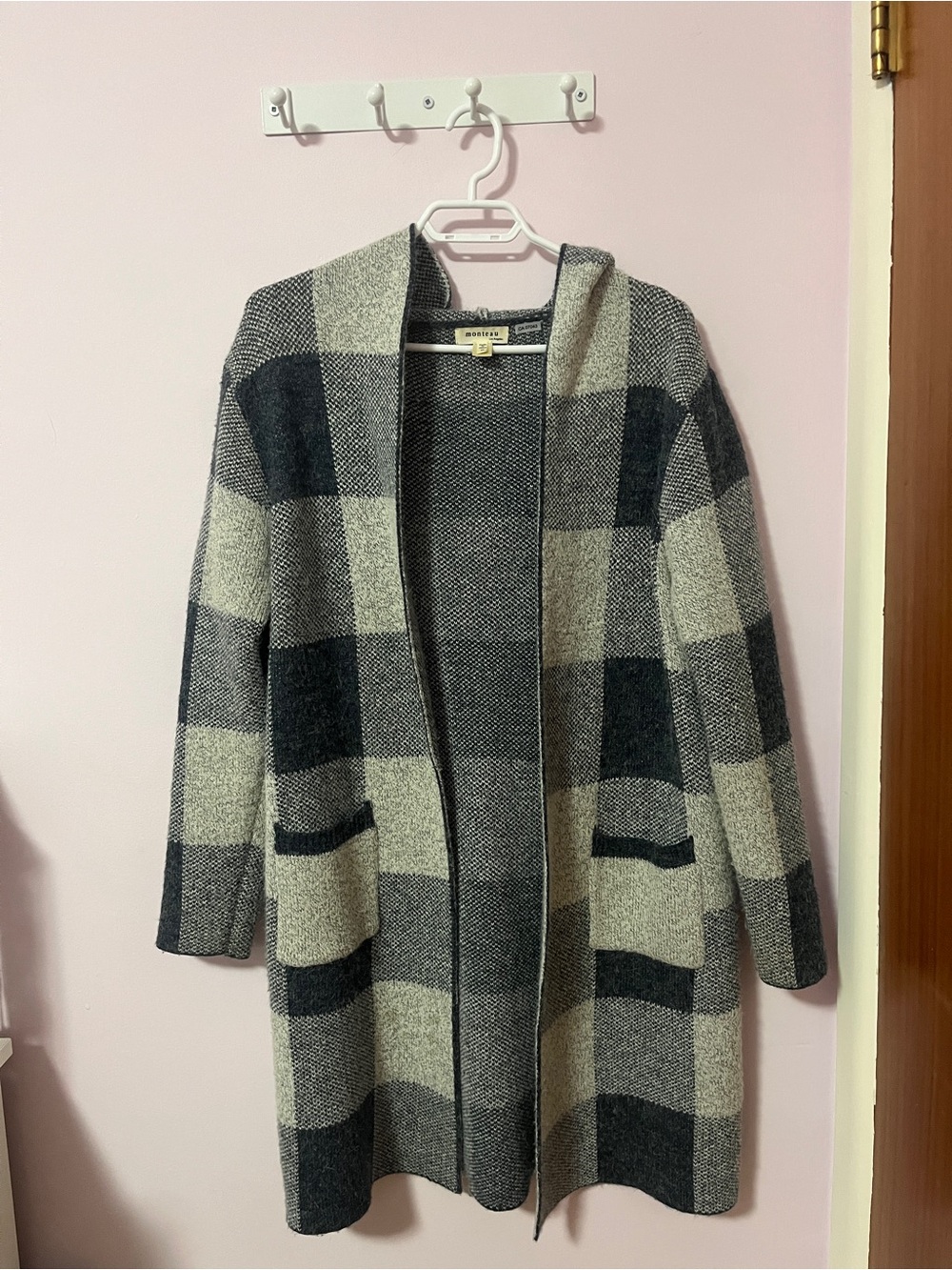 Wool-Blend Open Front Plaid Cardigan Sweater - Gray/Black